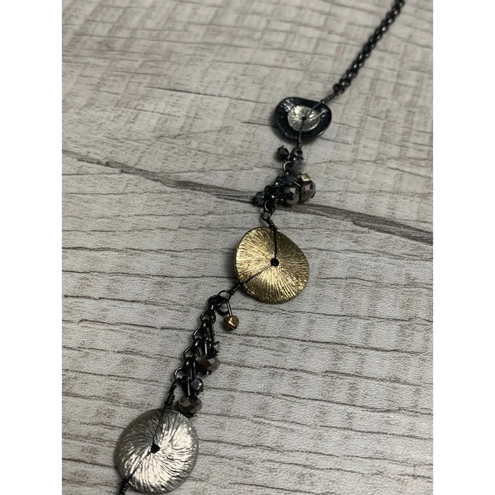 Napier Mixed Metal Textured Disc Y-Necklace Gunmetal Tone Beaded Drop Statement - Picture 6 of 10